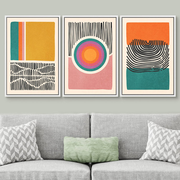 Abstract Vibrant Color Blocks Mid Century Multicolor Color Block Shape Abstract Geometric Framed On Canvas 3 Pieces Print